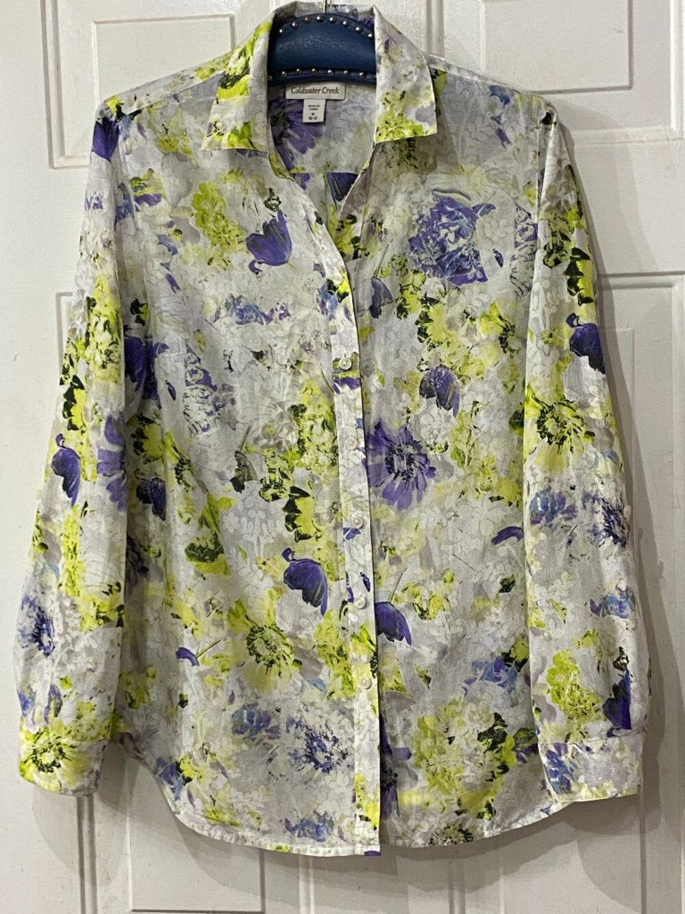 Coldwater Creek Sz M (10-12) Blouse Shirt Silk/Cotton Roll Long Sleeve Floral